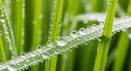 Naklejka premium Vibrant green grass blades sparkle with fresh morning dew drops, reflecting pure light in a stunning natural close-up.