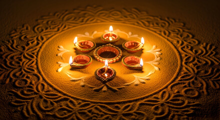 Golden diyas in circular arrangement glowing brightly at night
