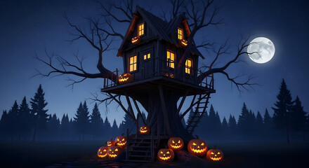 Scary haunted treehouse glowing eerily under moonlit spooky forest