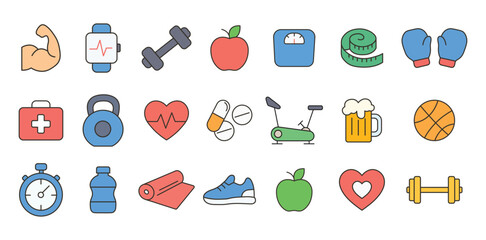 Minimalist Health And Fitness Icon Set with Gym, Exercise, and Wellness Symbols.
