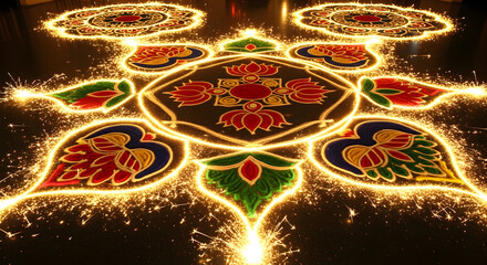 Festive rangoli decorated with glowing diyas for Diwali celebration