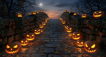 Glowing pumpkin lantern pathway shining mysteriously under stormy evening sky