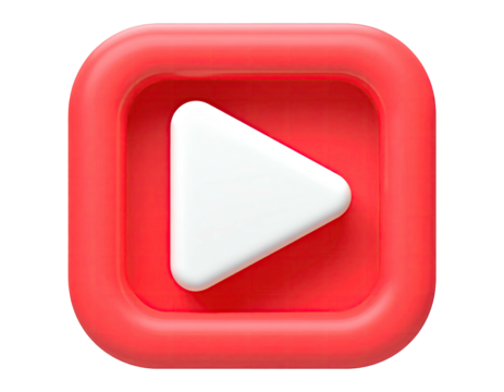 A glossy 3D red square with a white play button icon centered