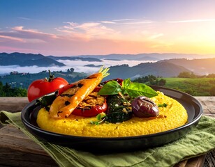 Delicious Colorful Vegetable Polenta with Sunrise View.