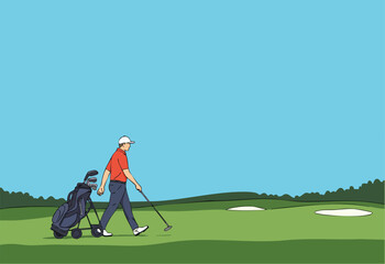 A man walks a fairway with his golf bag, enjoying 'Fairway Stroll Peace.' A simple, serene scene with a clear composition and soft colors.