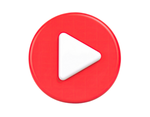 Red circular button with white play triangle, 3D rendering on black background