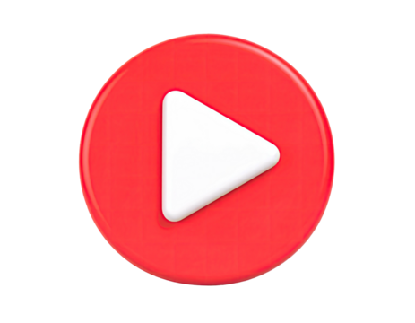 Red circular button with white play triangle, 3D rendering on black background