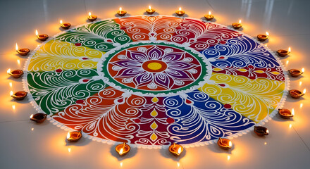 Colorful festive rangoli decorated with flowers and bright Diwali lights
