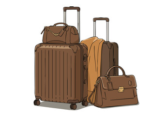 Three brown leather travel bags - suitcase and two handbags - are arranged on a neutral background  -Pack the Prestige- text is displayed  Stylish sophisticated and ready for travel