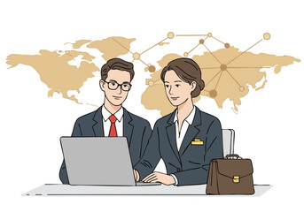 Two professionals collaborate on a laptop, connected globally. Modern office setting with a world map backdrop. Clean, stylish, and business-focused.
