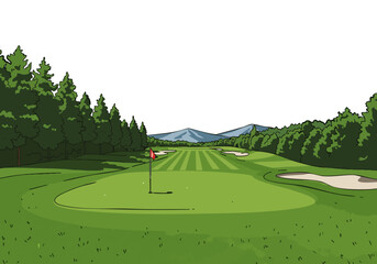 vibrant illustration depicts a golf course with a flag set against rolling hills and trees -Chase the Course- text adds a playful touch Ideal for sports leisure and outdoor themes
