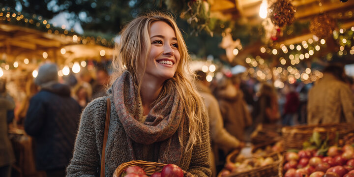 Young woman smiling while holding apples at market in autumn  
