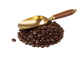 Obraz premium A meticulously arranged mound of rich, dark roasted coffee beans with an oily sheen and a vintage golden brass scoop on a seamless transparent background, high-key studio concept of premium coffee