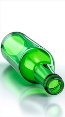 Green glass bottle lying on reflective white surface.  
