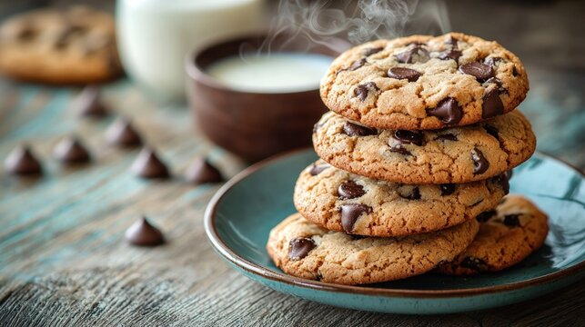 Stack of chocolate chip cookies with steaming milk on rustic wood table