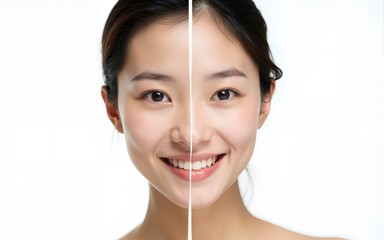 female face of an Asian woman, the concept of beauty before and after. skin care, the extension of youth. women's cosmetology. two halves of the face old and young on a white background copy space