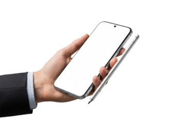 Professional hand holds sleek, modern smartphone with blank screen, next to minimalist stylus, isolated on transparent studio background, high-tech product concept