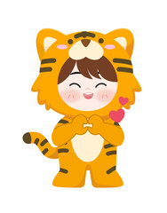 Cute Chibi Boy in Tiger Costume Heart Hand Pose