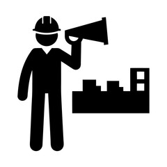 Construction worker with megaphone on building site silhouette