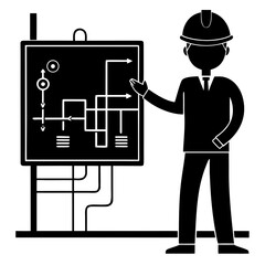 Electrician points to electrical schematic diagram silhouette