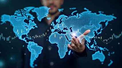 High-tech interface with futuristic skyscrapers and statistics.
