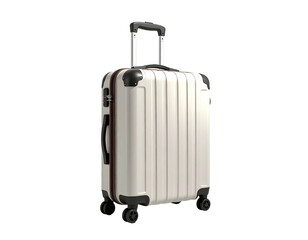 White upright rolling suitcase with extending handle, black accents, and a dark background