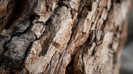 Textured, close-up view of rough, cracked tree bark, showcasing shades of brown and beige