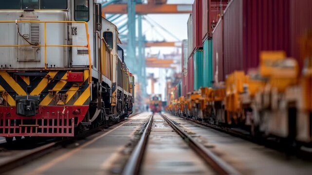 Industrial freight train moving slowly along railway tracks at a busy shipping port, with stacked cargo containers and gantry cranes visible in the background for global logistics and trade