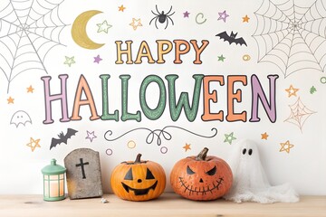Happy halloween decoration with pumpkins, ghost, tombstone and spider web
