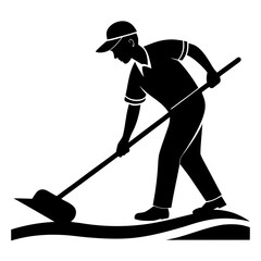 Man in cap cleaning with broom silhouette