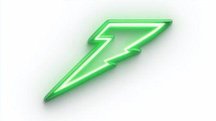 Green neon lightning bolt illuminated on white backdrop; used for energy concepts