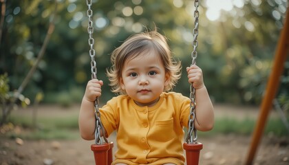 Happy Toddler Playing on Swing at Playground &ndash; Childhood Fun Outdoors