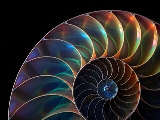 Cross-section of a nautilus shell revealing iridescent chambers and a logarithmic spiral pattern against a dark background