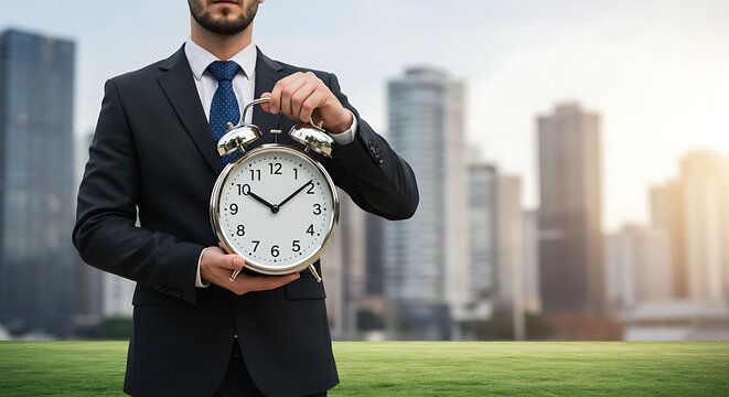 A businessman in a suit holds an alarm clock, symbolizing the importance of time management and business deadlines