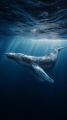 Naklejka premium Humpback whale swimming underwater with sunlight filtering through ocean surface. 