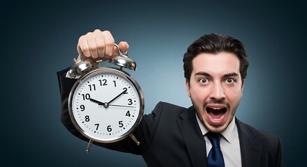 Businessman with urgent expression holds an alarm clock, symbolizing critical time pressure and looming deadlines in a fast-paced professional environment. Concept of urgency and stress