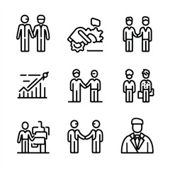 Fototapeta premium Business and professional vector icons representing teamwork collaboration and partnership agreements including growth chart and successful leader