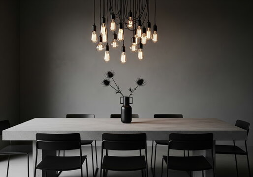 Minimalist Interior: A sleek, modern dining room featuring a minimalist aesthetic, with an array of hanging bulbs suspended above a concrete dining table and surrounding black chairs.