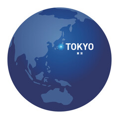 東京の位置をしめす地球儀の世界地図