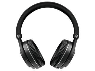 Black over ear headphones with silver accents audio listening, Isolated, Png Transparent Background