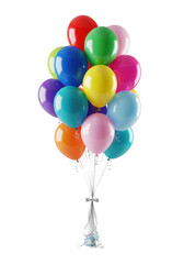 Vibrant multi-colored helium balloons with silver ribbon, isolated on transparent background, bright studio lighting, 45-degree angle, festive celebration concept