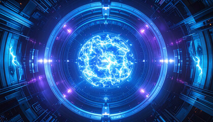 Blue energy core pulsating inside futuristic reactor, representing advanced technology, scientific innovation, and powerful next-generation clean energy production