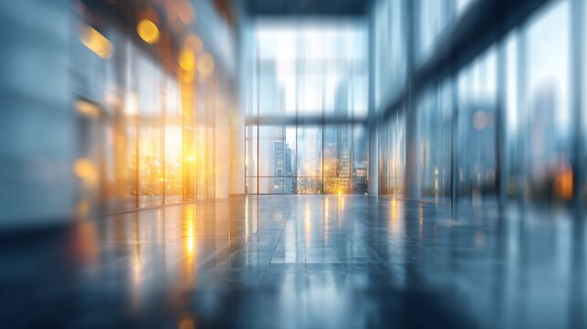 Empty corporate office interior, with glass walls, blurred background, sunrise view, for business