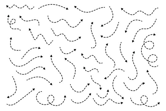 Hand drawn dot arrow vector set. Hand drawn line doodle arrow, curve arrow icon vector set. Vector illustration. Hand drawn dotted arrows set. Sketch curved dashed arrows design.