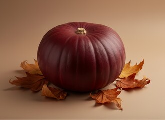 Burgundy pumpkin on beige surface with autumn leaves