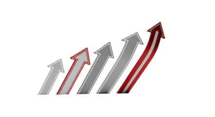 Five sleek, modern geometric arrow icons in subtle grey and deep red hues, precisely arranged in an ascending progression on a solid transparent background, concept of progress and growth