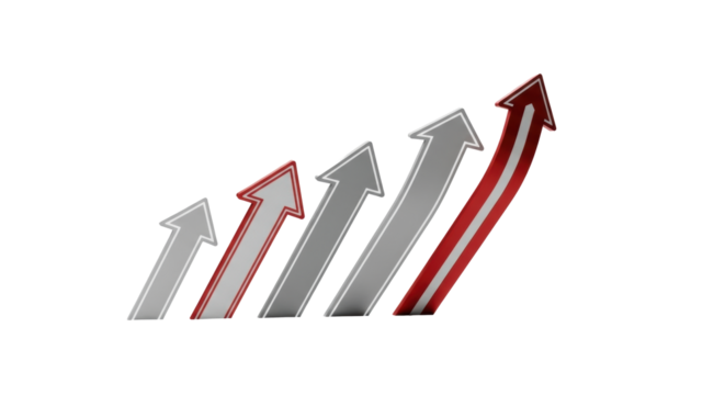 Five sleek, modern geometric arrow icons in subtle grey and deep red hues, precisely arranged in an ascending progression on a solid transparent background, concept of progress and growth