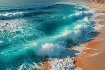 Summer beach with soft waves and blue water - Top view flat-lay banner with copy space for vacation ads and social media

