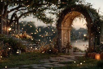 Enchanted Garden Pathway with Glowing Lights and Intricate Archway Surrounded by Nature and Serenity at Dusk