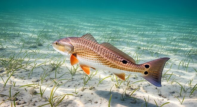 Redfish Swimming in Clear Shallow Saltwater Over Sand.